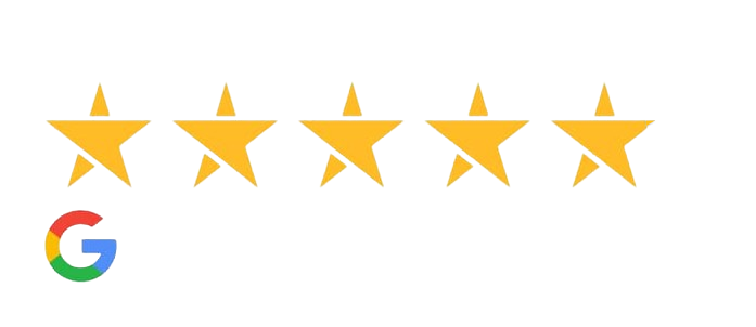 Five gold stars with Google logo, indicating five-star dental practice rating.
