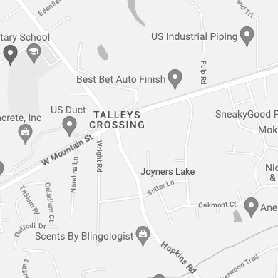 Map showing Talleys Crossing area with nearby businesses and streets in Kernersville.