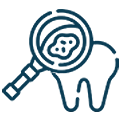 Magnifying glass examining tooth with target symbol, dental search concept
