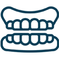 Dental dentures or prosthetic teeth icon in blue outline style