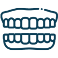 Dental dentures icon showing upper and lower false teeth in blue outline design.