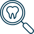 Magnifying glass revealing a tooth icon, representing dental examination and oral health care services.