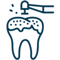 Dental cleaning icon showing tooth with spray tool and water droplets on blue background.