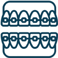 Dental braces icon showing upper and lower teeth alignment with orthodontic brackets and wires.