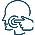 Stylized profile of person receiving dental care with circular target design on mouth area.