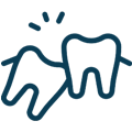 Two stylized teeth icons with lines indicating impact or movement between them.
